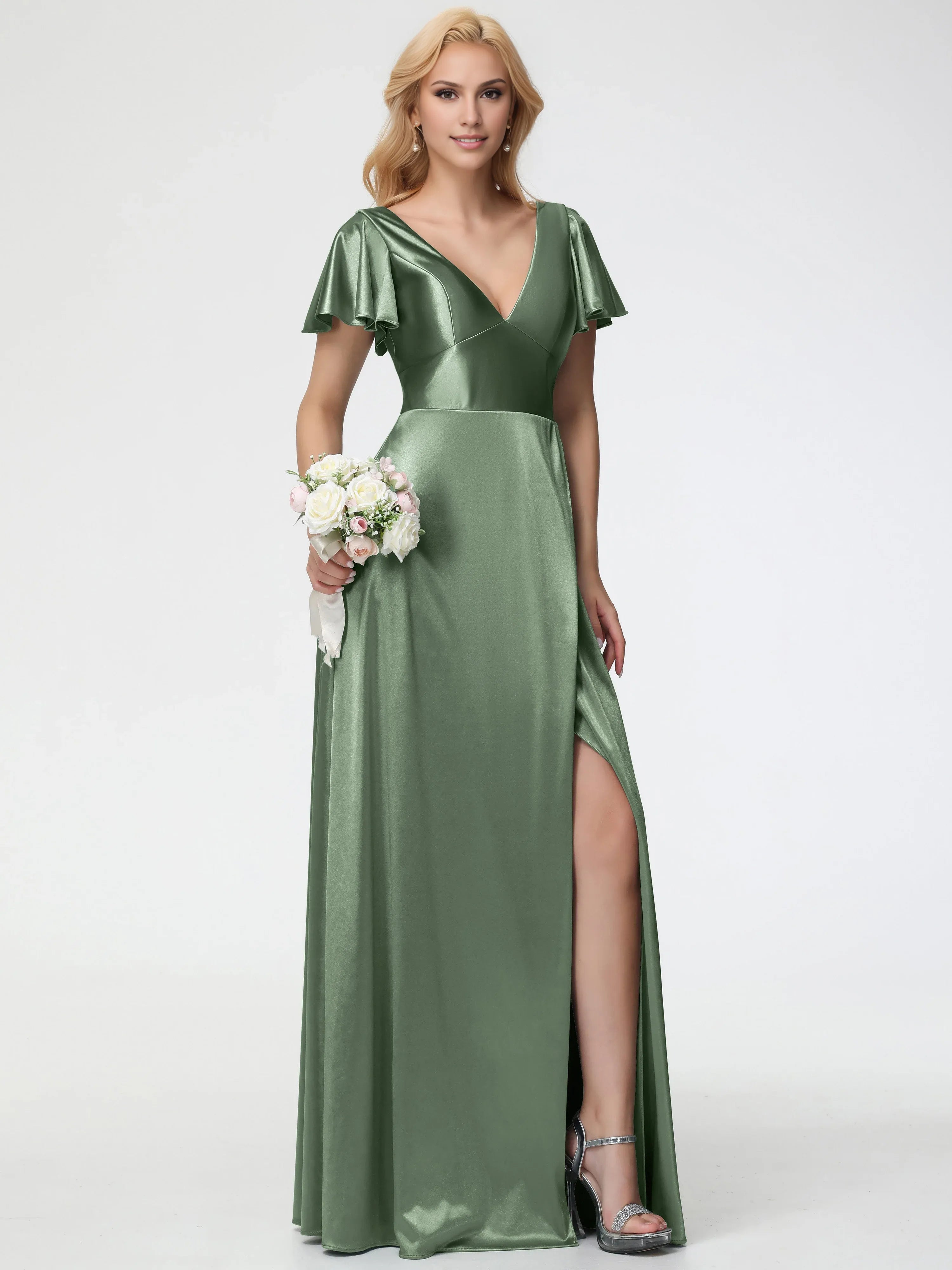 Elegant A-line Deep V-Neck Short Sleeves Backless Floor-Length Prom Dress